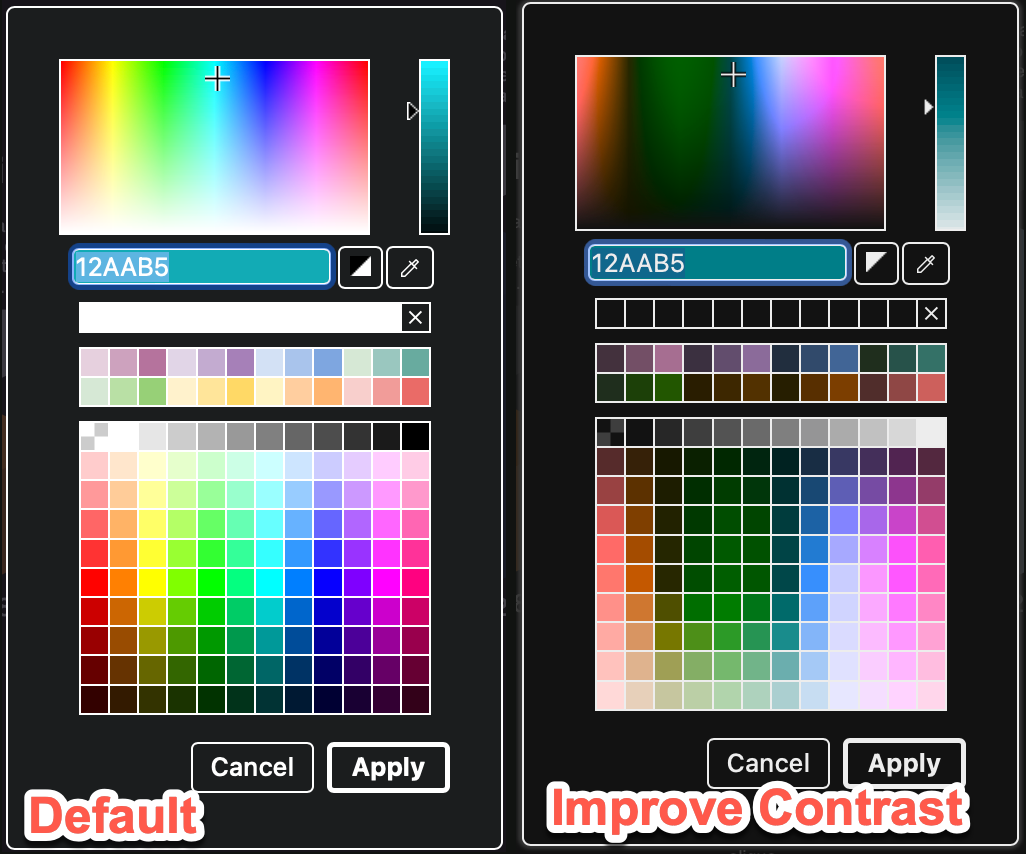 In draw.io, the Improve Contrast setting updates the palette colours in dark mode to be more readable