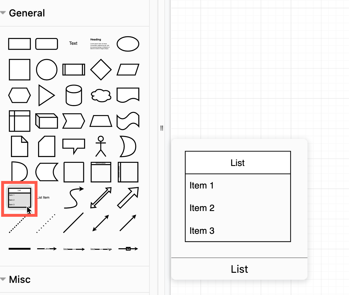 The list shape in draw.io is ideal for noting characteristics in diagrams for marketing analyses