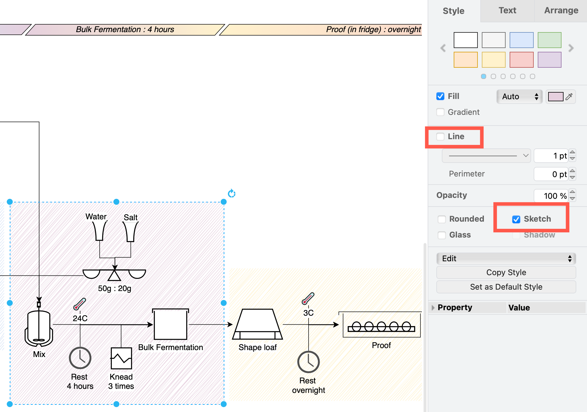 Use sketch rectangles without an outline behind your process shapes to indicate regions, or stations in your production line