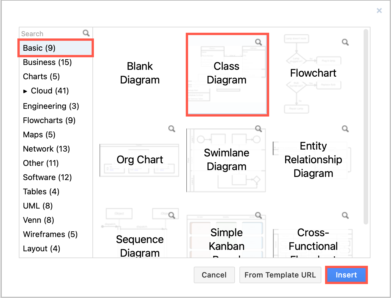Insert a UML class diagram example from the template manager in draw.io