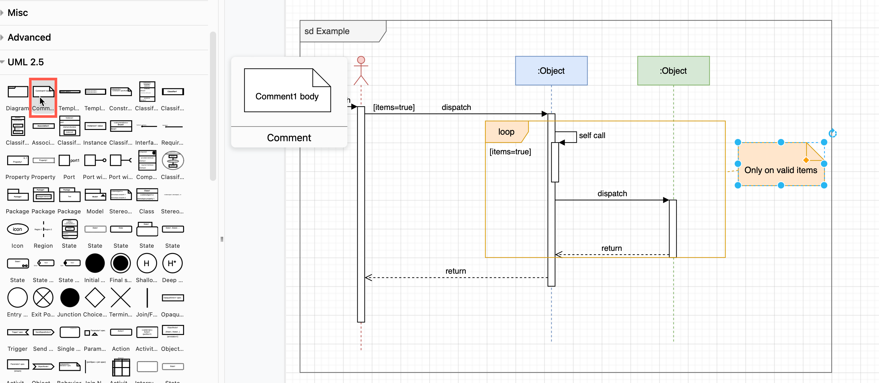 Use the Comment shape in the UML 2.5 shape library to include additional information on a sequence diagram in draw.io