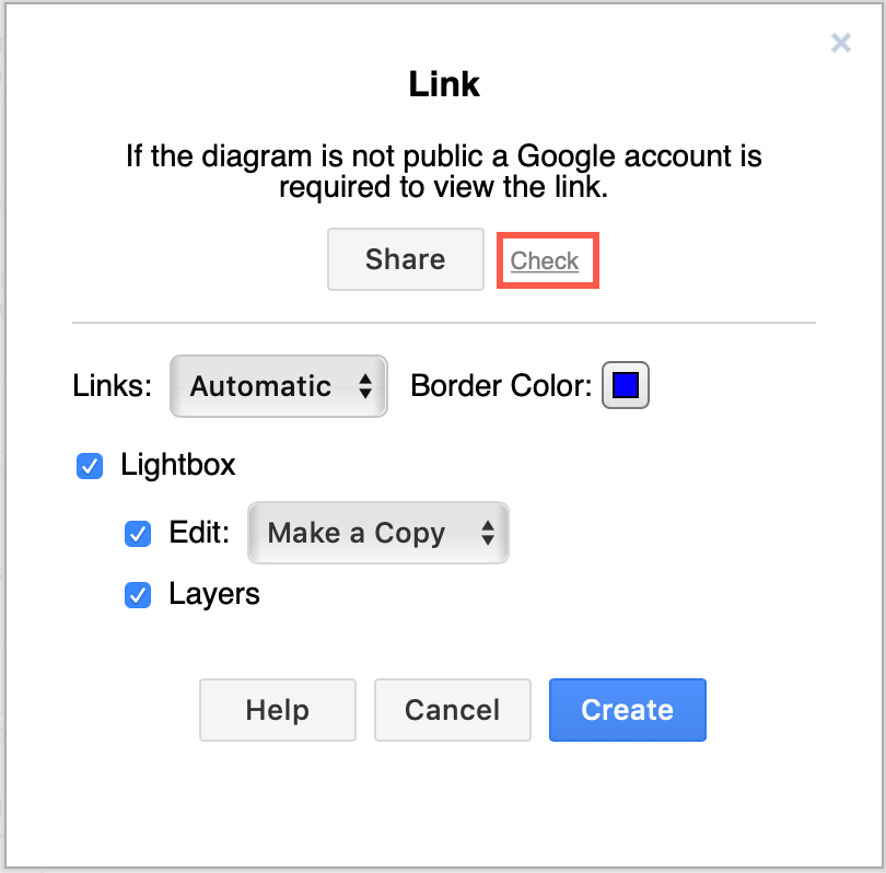 Change the sharing permissions to public so you can publish a link to the diagram file stored on Google Drive